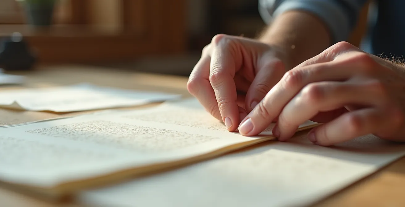 Gros plan des mains d'un expert comparant différentes textures et grammages de papiers professionnels