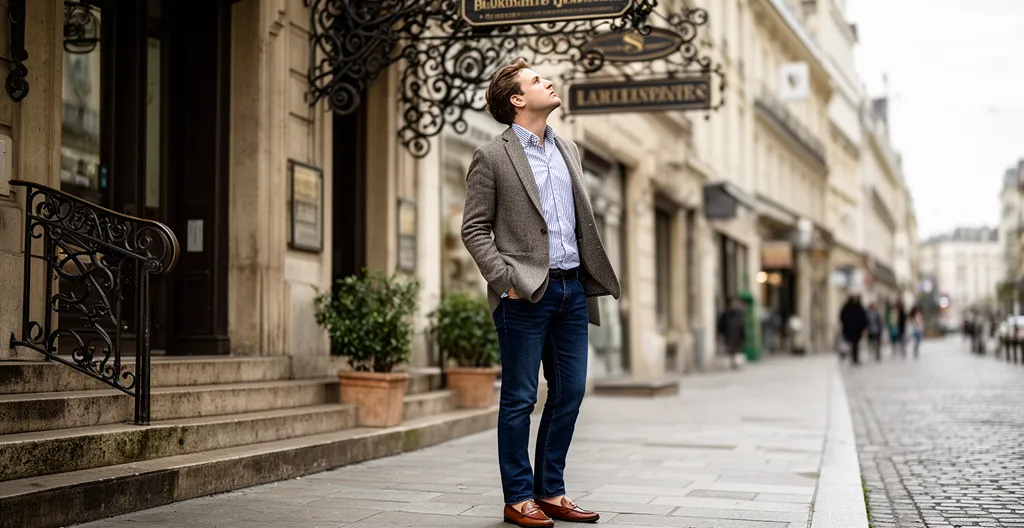 Person auf Gehweg blickt auf Geschäftsfassade mit professioneller Beschilderung