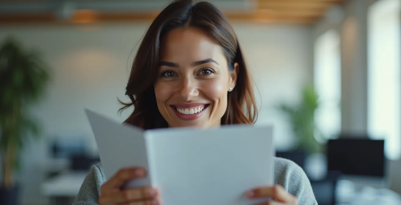 Personne tenant une brochure luxueuse avec expression de satisfaction et intérêt visible