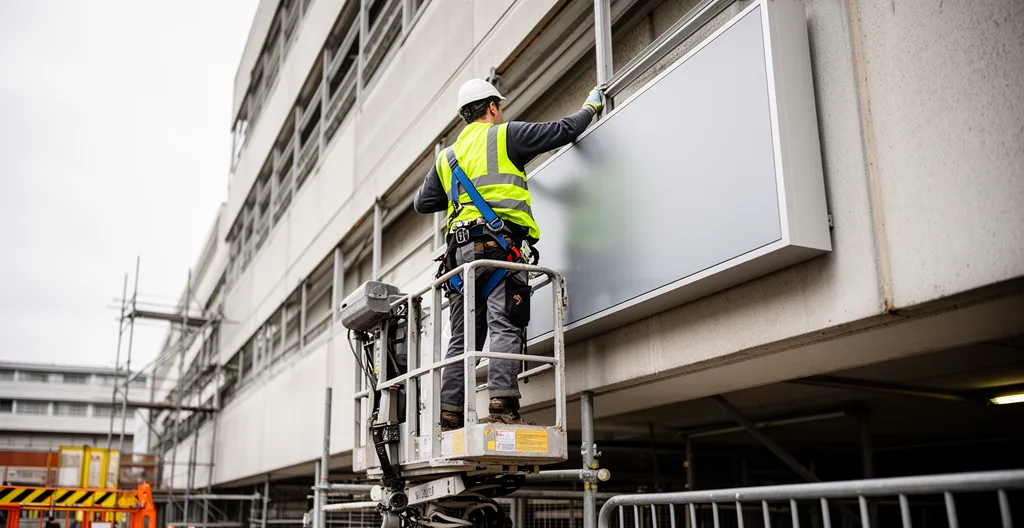 Techniker auf Hebebühne installiert Firmenschild an Gebäudefassade