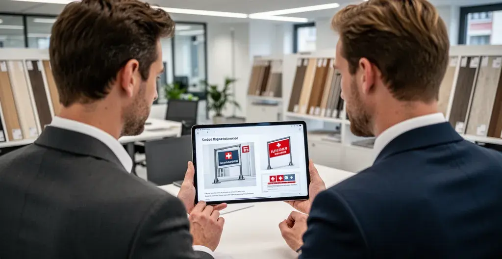 Fachberater und Geschäftsinhaber betrachten Beschilderungs-Visualisierung auf Tablet