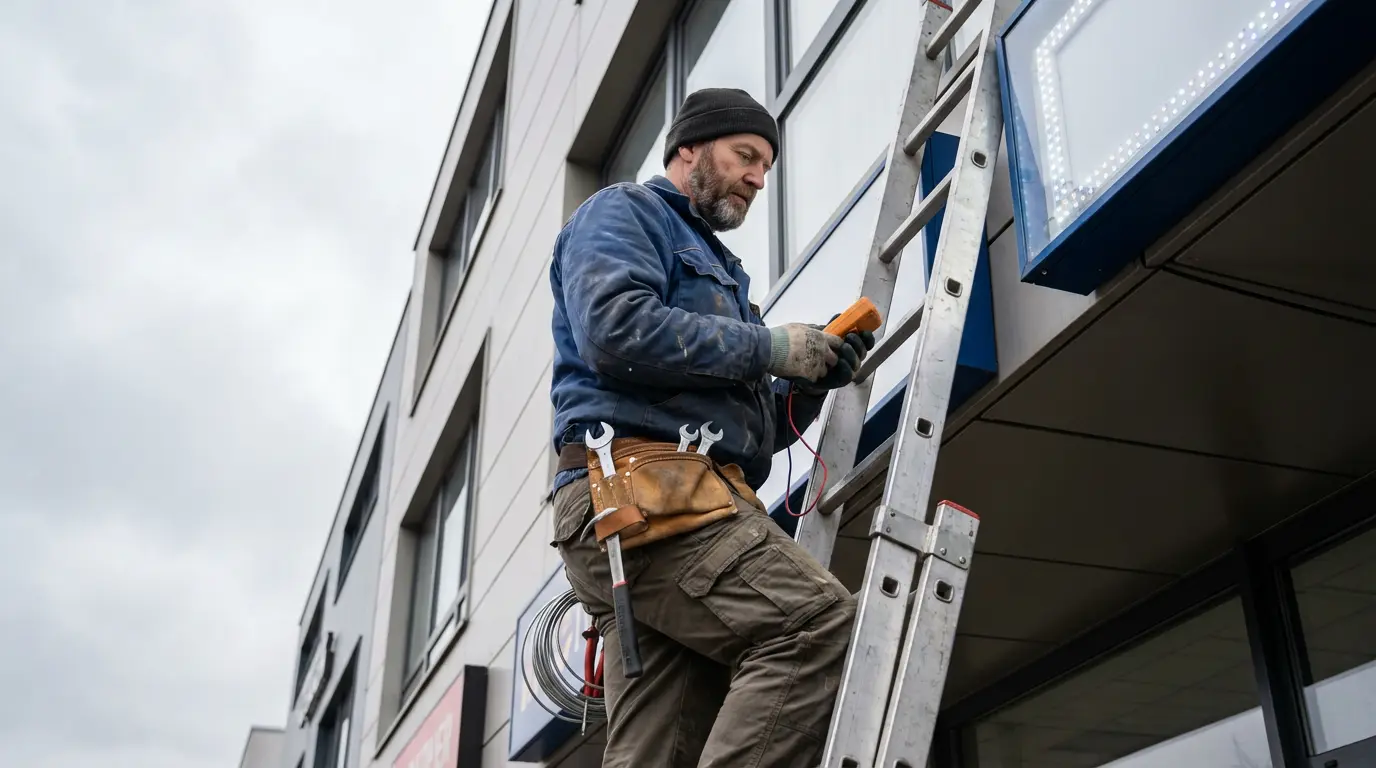 Werbetechniker bei der Montage eines LED-Leuchtkastens an Geschäftsfassade