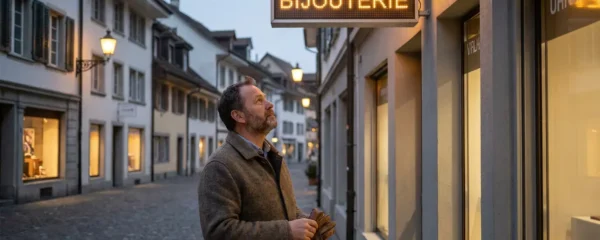 Geschäftsinhaber vor beleuchtetem LED-Schild bei Abenddämmerung in Schweizer Kleinstadt