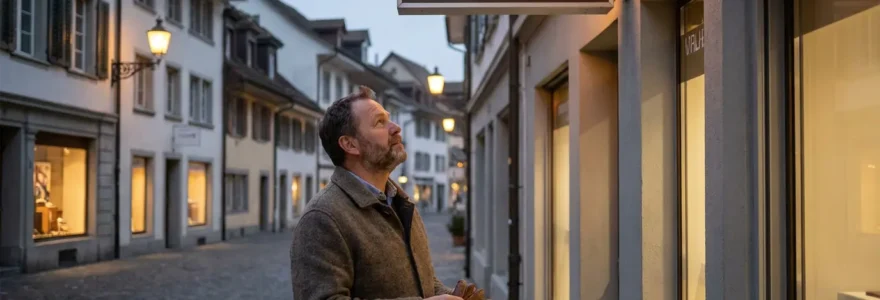 Geschäftsinhaber vor beleuchtetem LED-Schild bei Abenddämmerung in Schweizer Kleinstadt