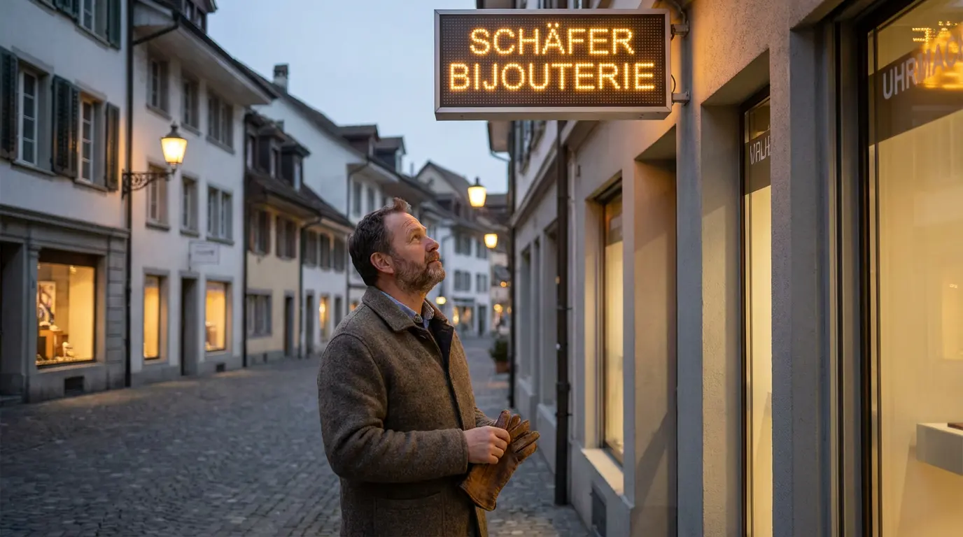 Geschäftsinhaber vor beleuchtetem LED-Schild bei Abenddämmerung in Schweizer Kleinstadt