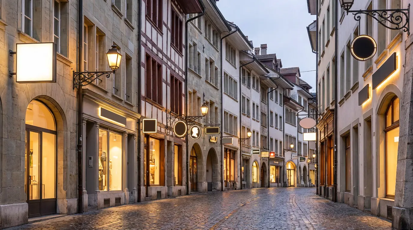 Verschiedene Leuchtschild-Typen an Schweizer Gewerbefassade bei Abendbeleuchtung