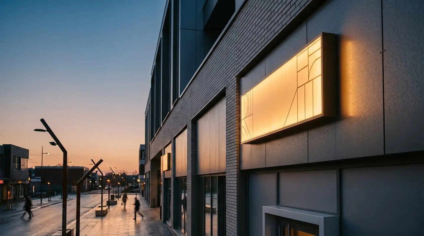 Caisson enseigne lumineux installé sur façade commerciale moderne avec éclairage LED homogène