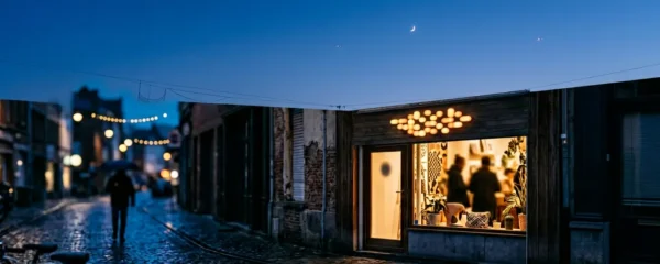 Commerce avec enseigne lumineuse moderne illuminant la facade en soiree attirant les clients
