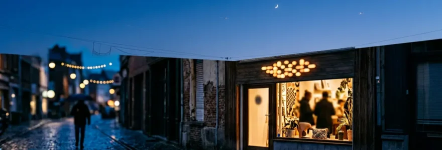 Commerce avec enseigne lumineuse moderne illuminant la facade en soiree attirant les clients