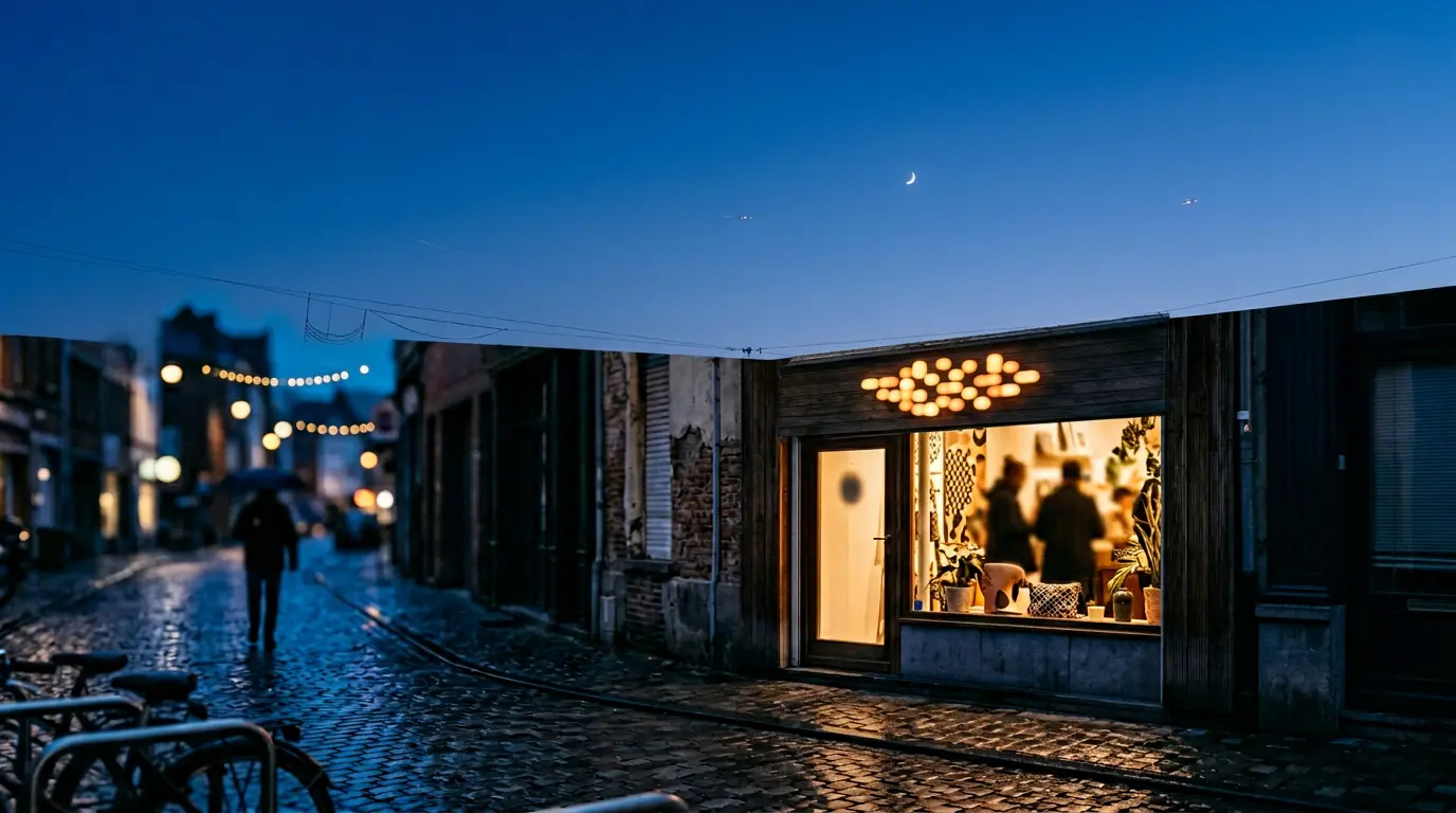 Commerce avec enseigne lumineuse moderne illuminant la facade en soiree attirant les clients
