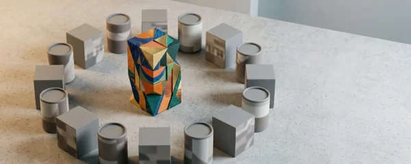 Composition symbolique illustrant la différenciation de marque face aux concurrents dans l'univers du marketing et de l'impression
