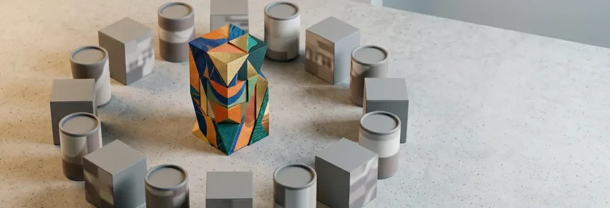 Composition symbolique illustrant la différenciation de marque face aux concurrents dans l'univers du marketing et de l'impression