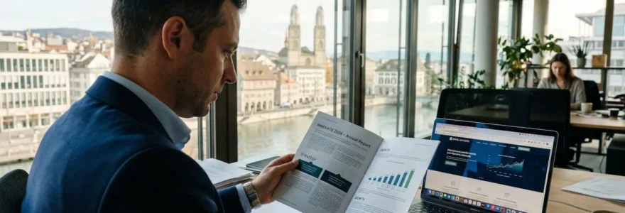 Eine Geschäftsperson betrachtet eine Broschüre während im Hintergrund ein Laptop eine Website zeigt, natürliches Tageslicht fällt durch ein grosses Fenster