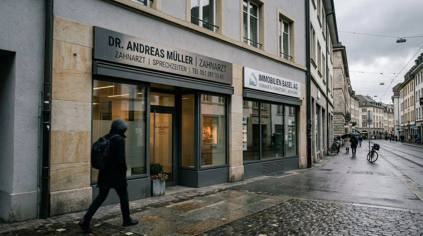 Moderne Schweizer Geschäftsfassade in Basel mit professioneller Beschilderung und Schaufenster bei bedecktem Himmel