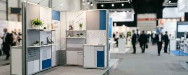 Stand d'exposition pliable moderne installé sur un salon professionnel