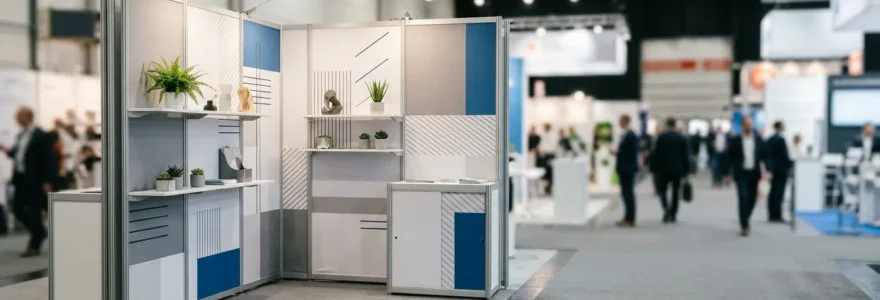 Stand d'exposition pliable moderne installé sur un salon professionnel