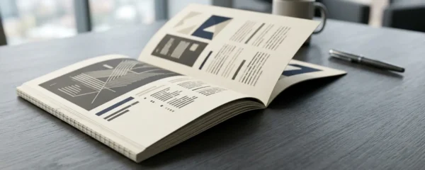 Brochure professionnelle elegante posee sur bureau moderne illustrant transformation offre technique