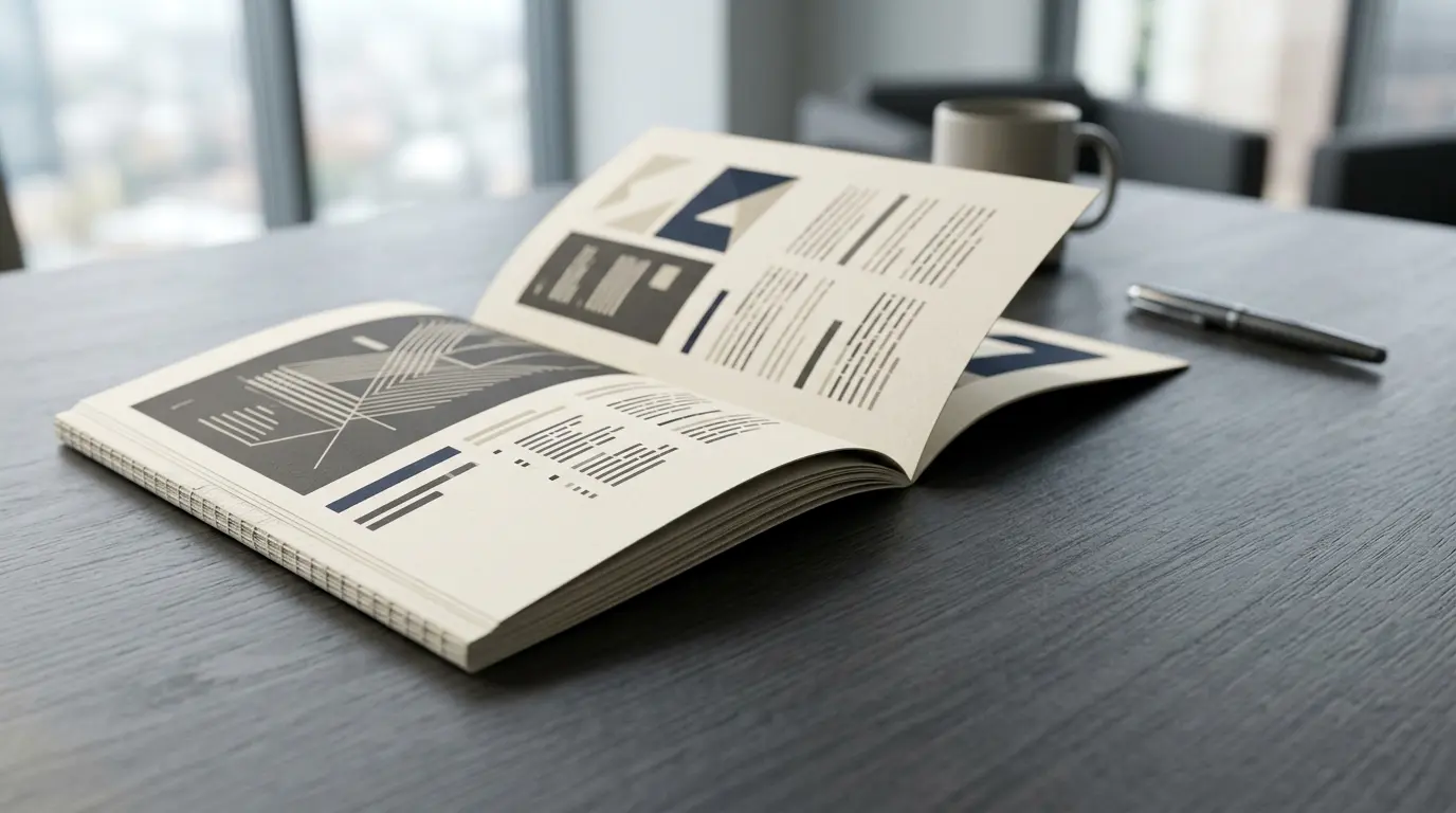Brochure professionnelle elegante posee sur bureau moderne illustrant transformation offre technique