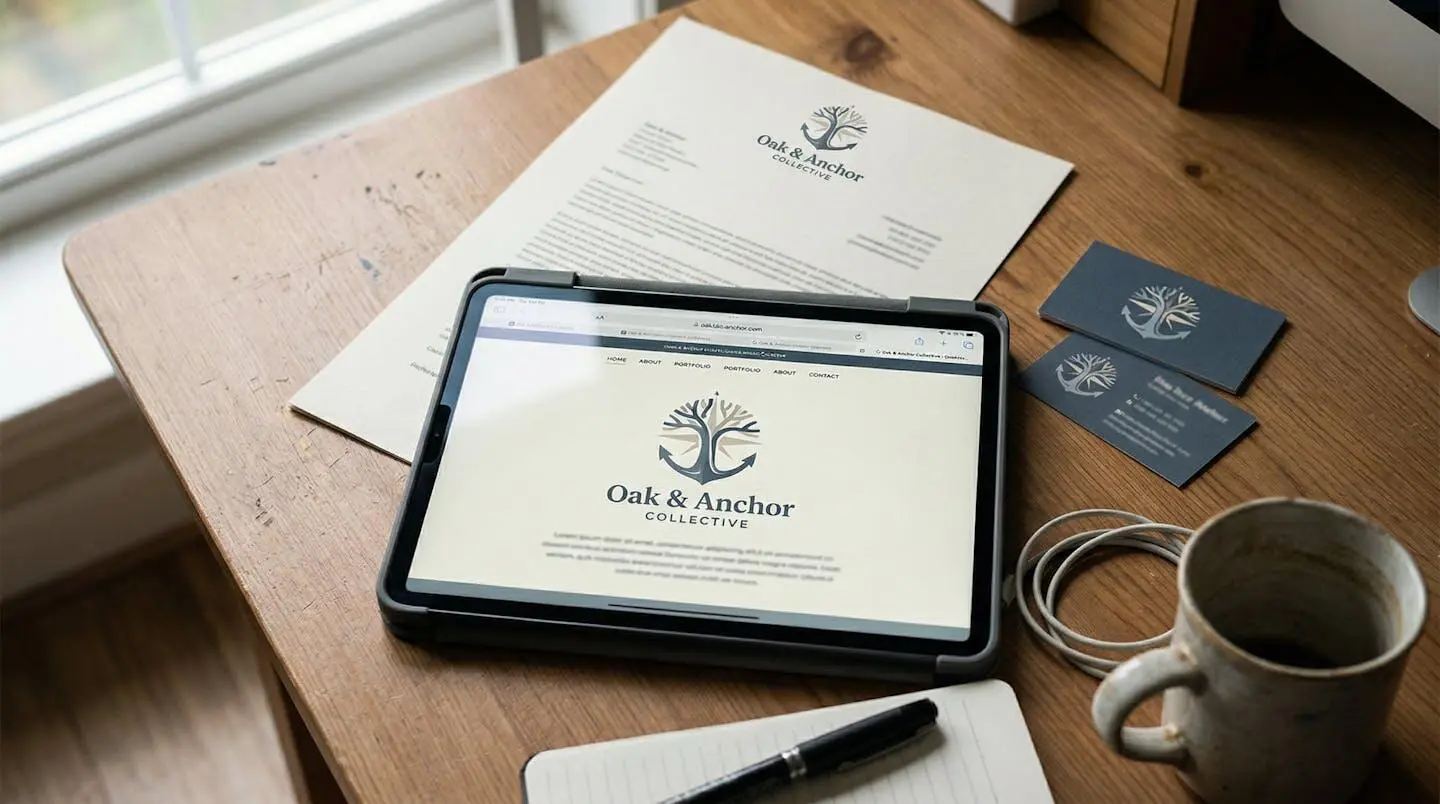 Visitenkarten, Briefbogen und ein Tablet liegen auf einem Schreibtisch, alle zeigen dasselbe Farbschema