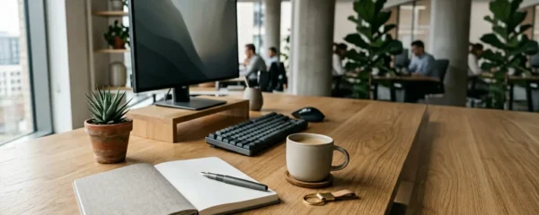 Espace de travail épuré avec objets de marque intégrés naturellement dans une atmosphère professionnelle et minimaliste