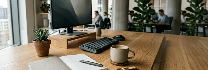 Espace de travail épuré avec objets de marque intégrés naturellement dans une atmosphère professionnelle et minimaliste