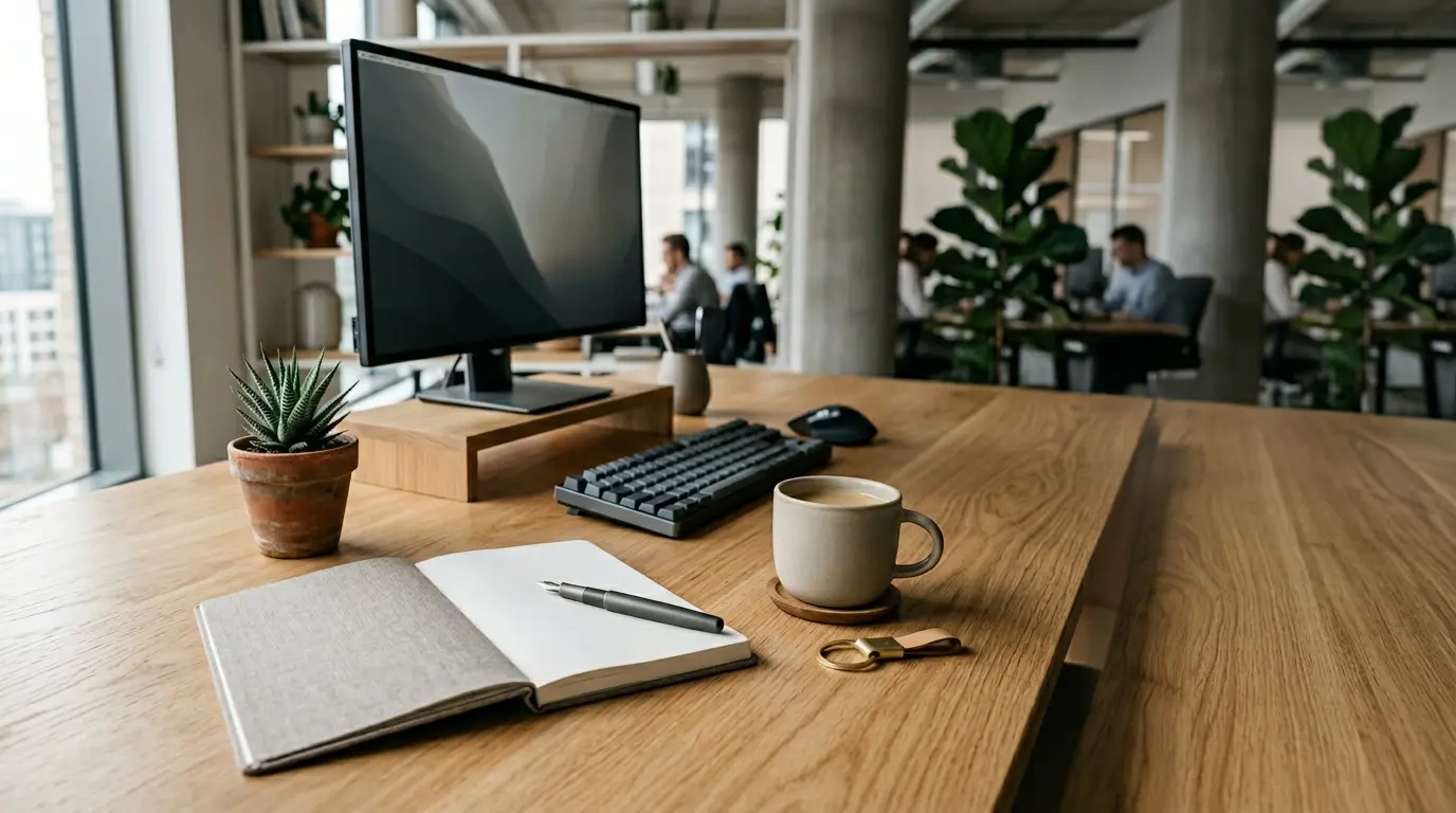 Espace de travail épuré avec objets de marque intégrés naturellement dans une atmosphère professionnelle et minimaliste