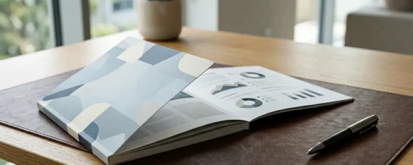 Brochure commerciale professionnelle en dos carré collé posée sur un bureau moderne avec des éléments de décision d'achat