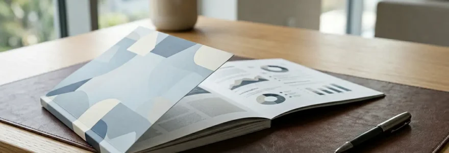 Brochure commerciale professionnelle en dos carré collé posée sur un bureau moderne avec des éléments de décision d'achat