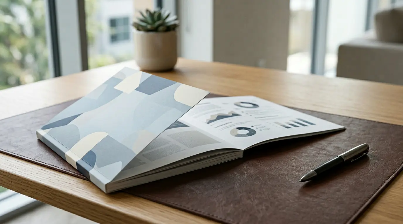Brochure commerciale professionnelle en dos carré collé posée sur un bureau moderne avec des éléments de décision d'achat
