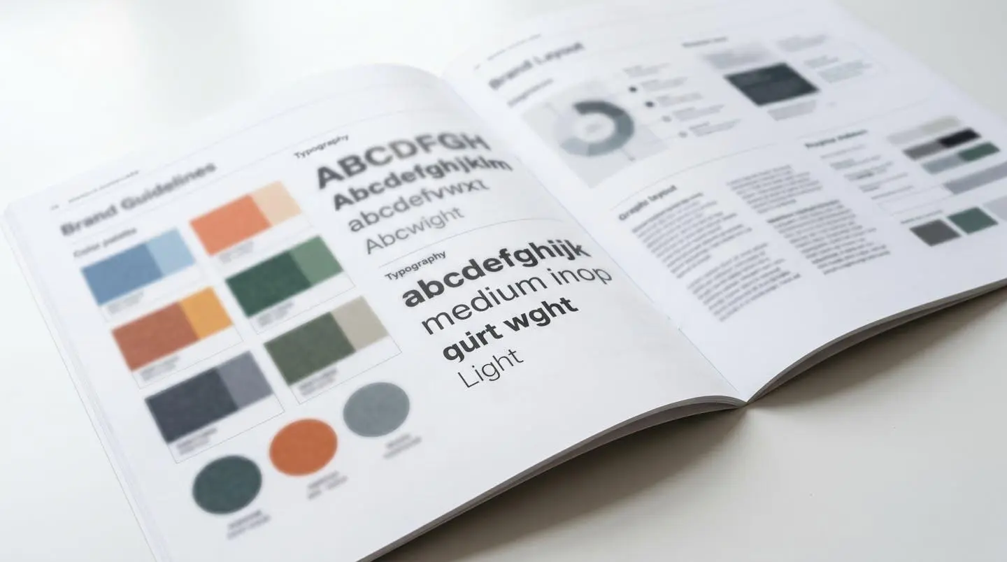 Document charte graphique ouvert montrant nuancier de couleurs avec références Pantone et spécimens typographiques présentant différentes graisses de police, disposé sur surface blanche épurée