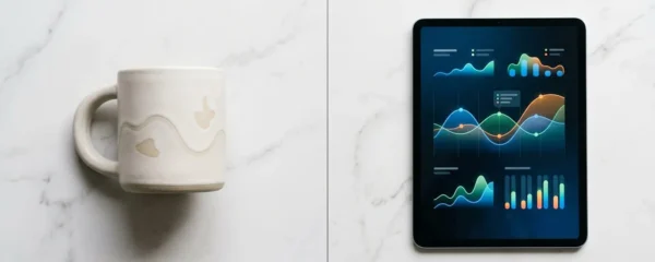Comparaison visuelle entre un objet publicitaire et une campagne digitale pour illustrer l'analyse de performance marketing