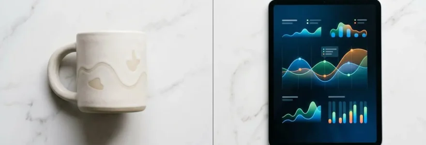 Comparaison visuelle entre un objet publicitaire et une campagne digitale pour illustrer l'analyse de performance marketing