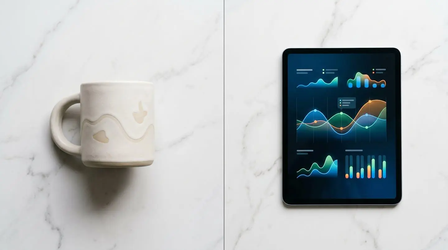 Comparaison visuelle entre un objet publicitaire et une campagne digitale pour illustrer l'analyse de performance marketing