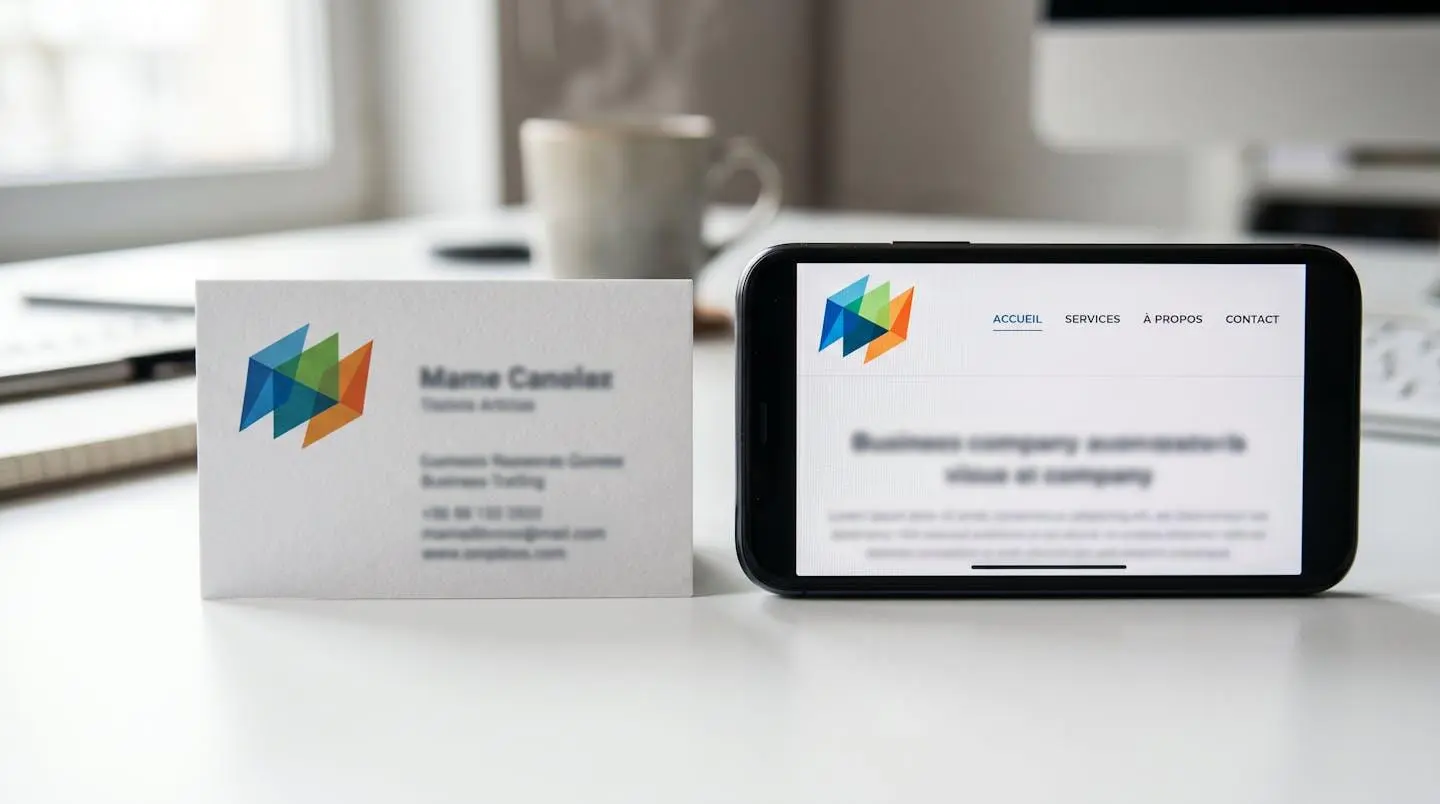 Comparaison côte à côte d'une carte de visite imprimée et d'un smartphone affichant un site web, révélant deux versions différentes du logo d'une même entreprise sur bureau blanc contemporain