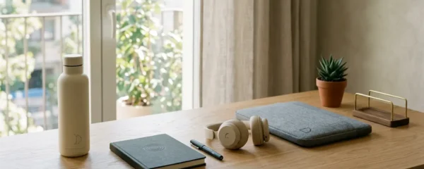 Espace de travail collaboratif avec accessoires de marque professionnels pour télétravailleurs