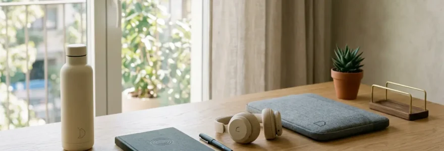 Espace de travail collaboratif avec accessoires de marque professionnels pour télétravailleurs
