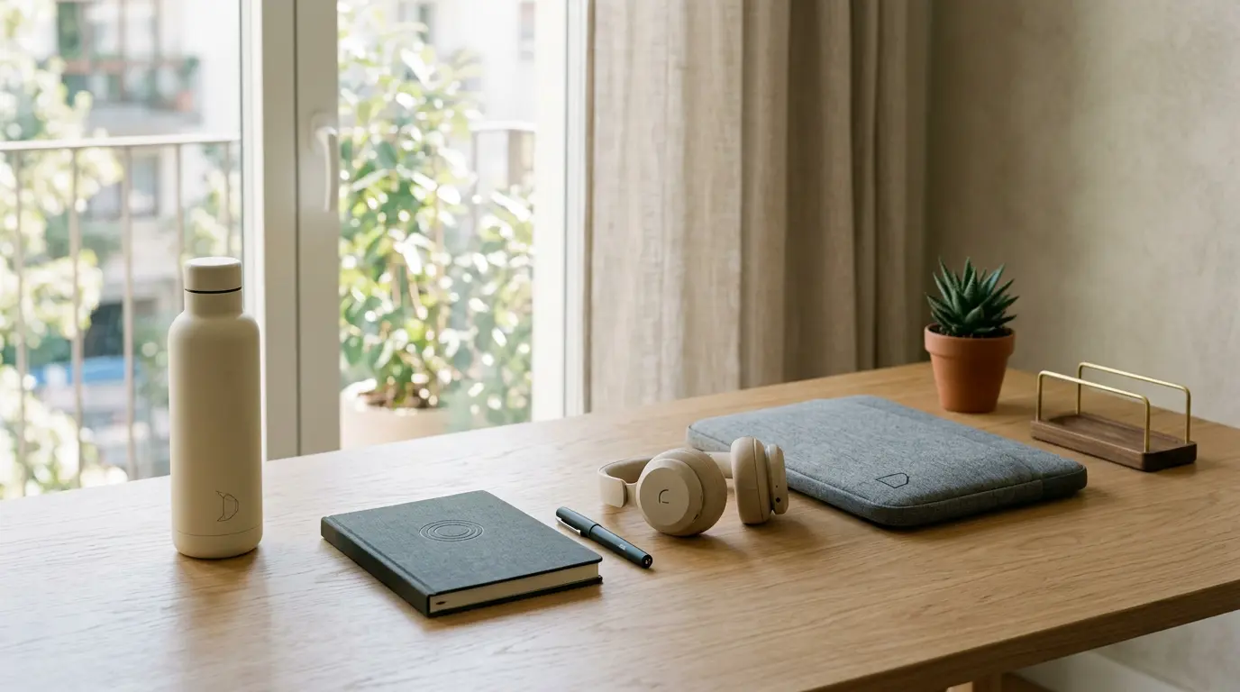Espace de travail collaboratif avec accessoires de marque professionnels pour télétravailleurs
