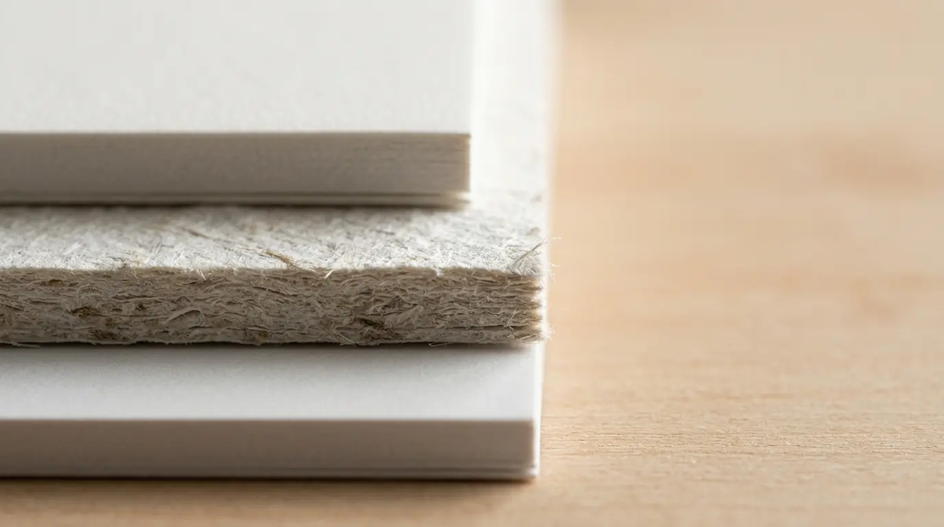 Échantillons de papiers de différents grammages superposés dans une ambiance épurée, mettant en valeur la texture et l'épaisseur sans texte visible