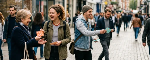 Campagne de street marketing avec distribution de stickers en milieu urbain