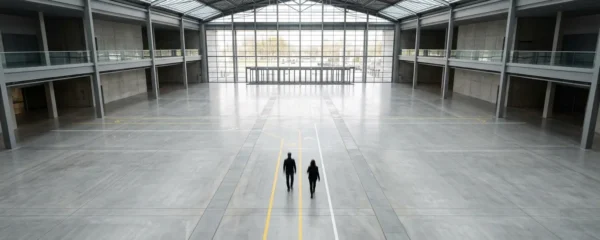 Vue aérienne d'un espace moderne avec marquage au sol guidant naturellement les visiteurs vers leur destination
