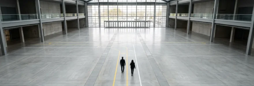 Vue aérienne d'un espace moderne avec marquage au sol guidant naturellement les visiteurs vers leur destination
