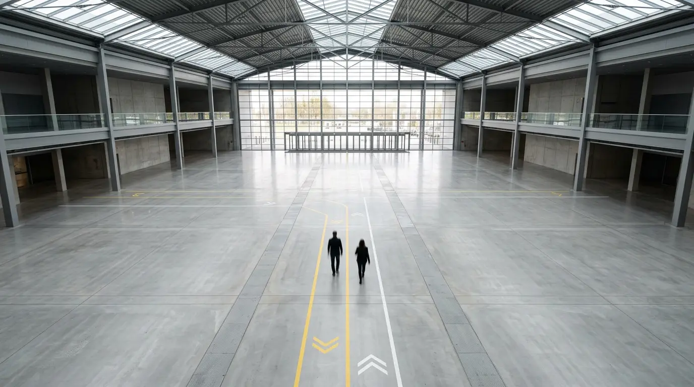 Vue aérienne d'un espace moderne avec marquage au sol guidant naturellement les visiteurs vers leur destination