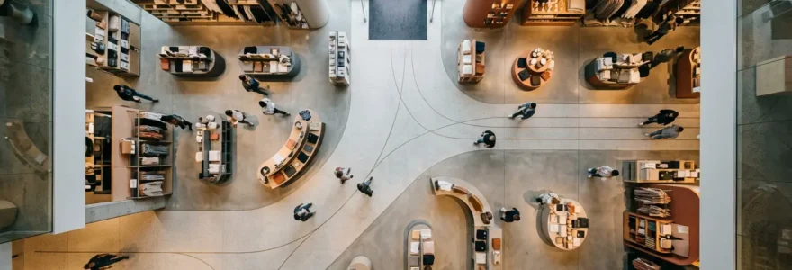 Vue aérienne d'un espace de vente moderne avec des clients suivant un parcours visuel naturel guidé par l'éclairage directionnel et le design d'espace