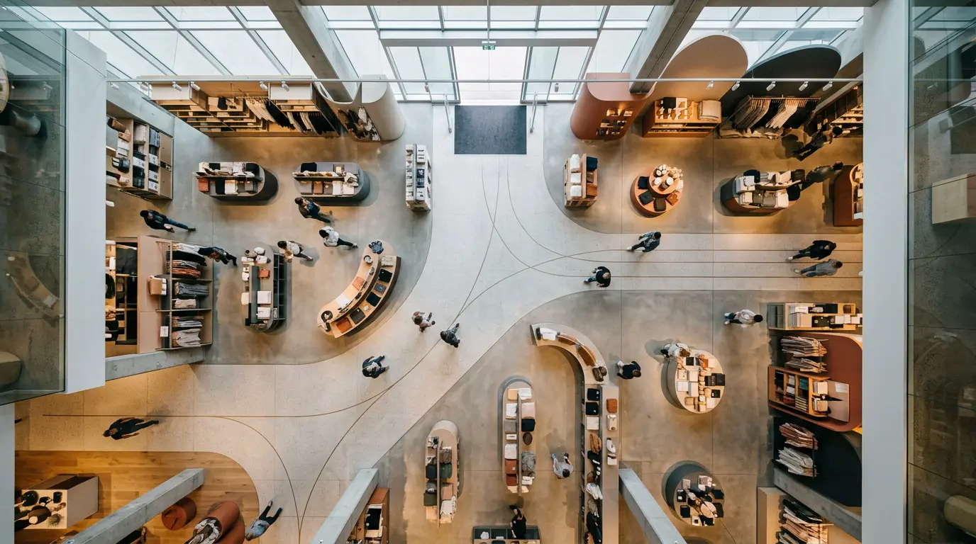 Vue aérienne d'un espace de vente moderne avec des clients suivant un parcours visuel naturel guidé par l'éclairage directionnel et le design d'espace