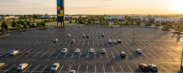 Vue aérienne d'un vaste parking de centre commercial avec signalétique totem visible pour les automobilistes