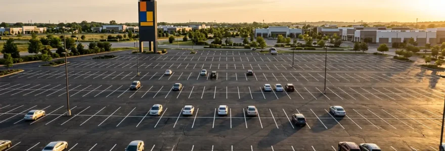 Vue aérienne d'un vaste parking de centre commercial avec signalétique totem visible pour les automobilistes