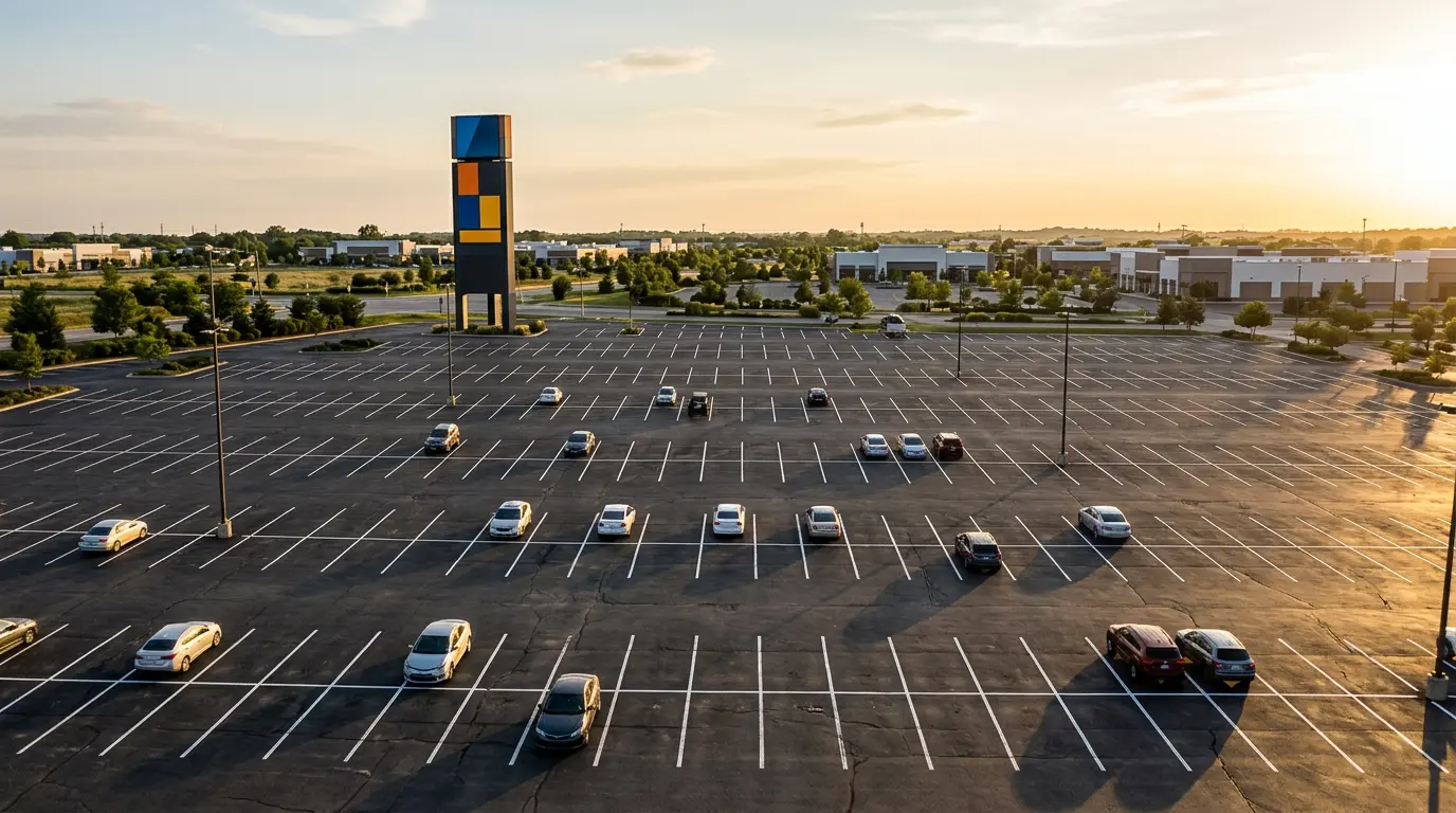 Vue aérienne d'un vaste parking de centre commercial avec signalétique totem visible pour les automobilistes