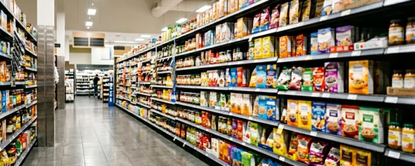 Vue d'un rayon de supermarché avec des centaines de produits en compétition pour l'attention du consommateur