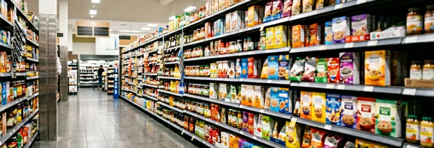 Vue d'un rayon de supermarché avec des centaines de produits en compétition pour l'attention du consommateur