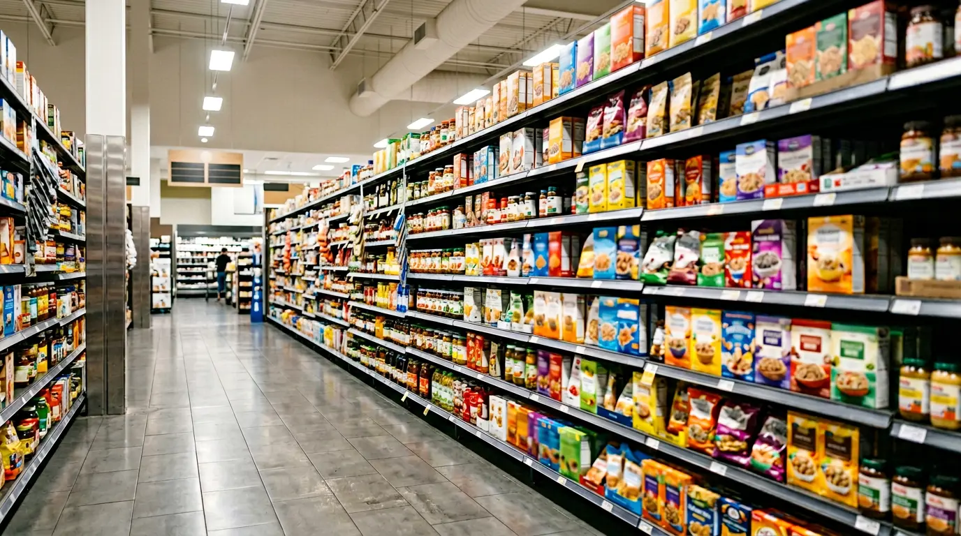 Vue d'un rayon de supermarché avec des centaines de produits en compétition pour l'attention du consommateur